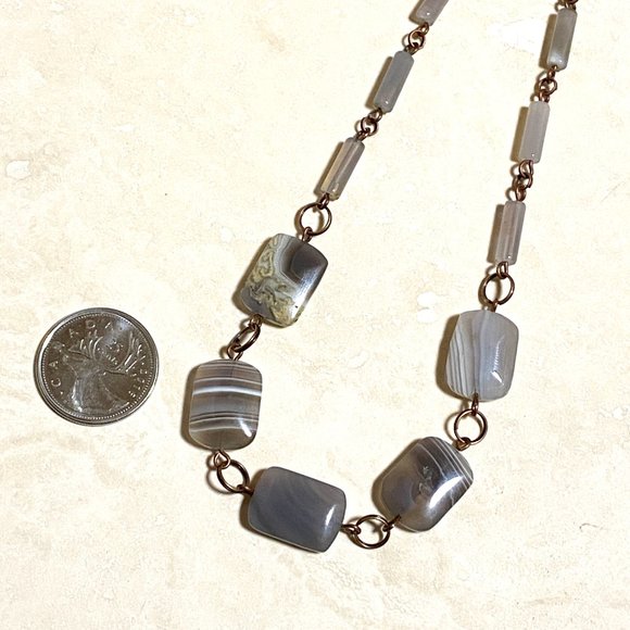 Geometric Banded Agate Necklace, Rustic Genuine Gemstone Copper Link Necklace - Picture 9 of 11